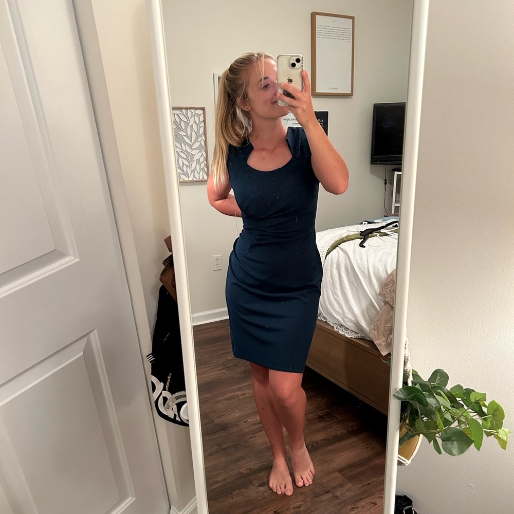 Turquoise ruched midi dress. Size 10. Never worn, tags still on.